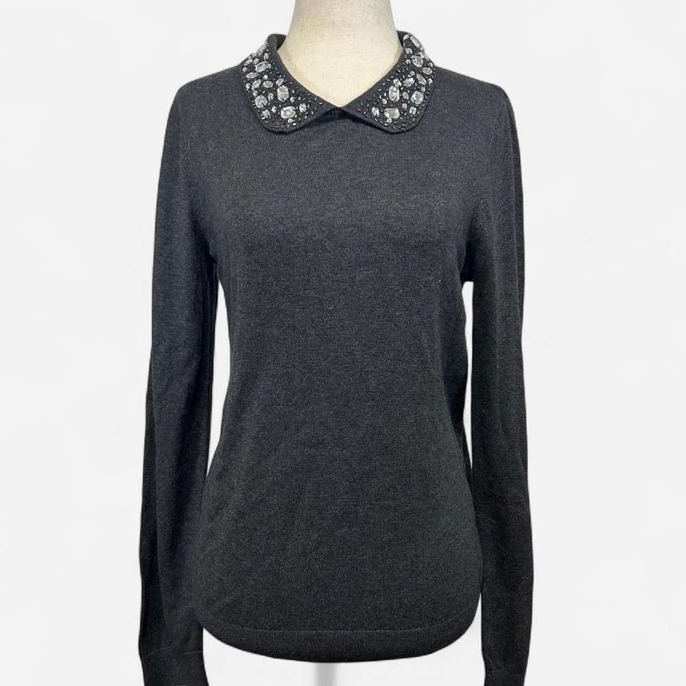 LOFT Grey Long Sleeve Sweater Embellished Collar Womens M